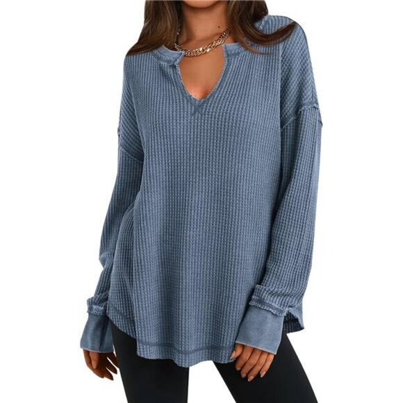 PRETTYGARDEN Waffle Knit V Neck Long Sleeve Tunic Top Oversized Split Hem - Picture 1 of 7